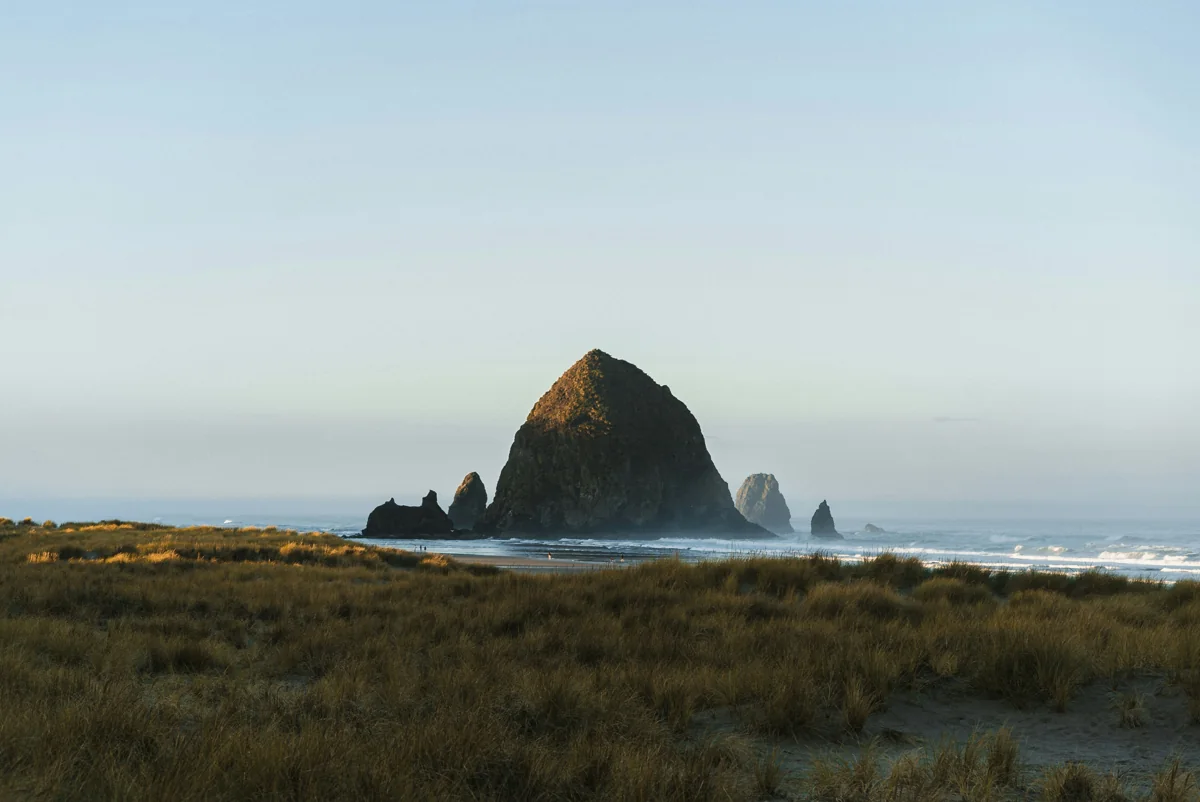 Haystack Rock beyond grassy dunes at Cannon Beach, Oregon.